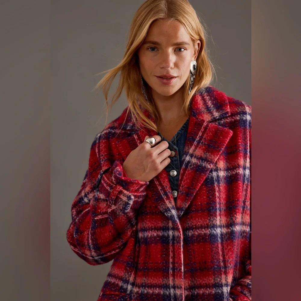 Anthropologie Wool-Blend Check Coat